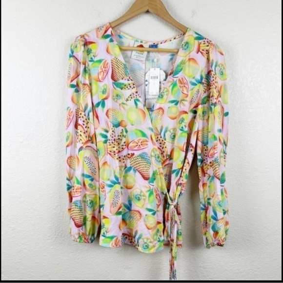 Farm Rio Anthropologie Rainforest Wrap Tropical Fruit Print Top Size Medium - Picture 2 of 16